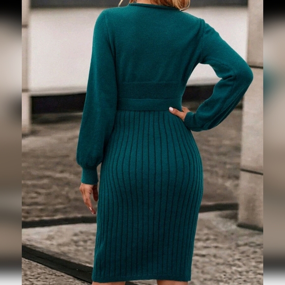 Solid Ribbed Knit Belted Sweater Dress - Picture 6 of 6